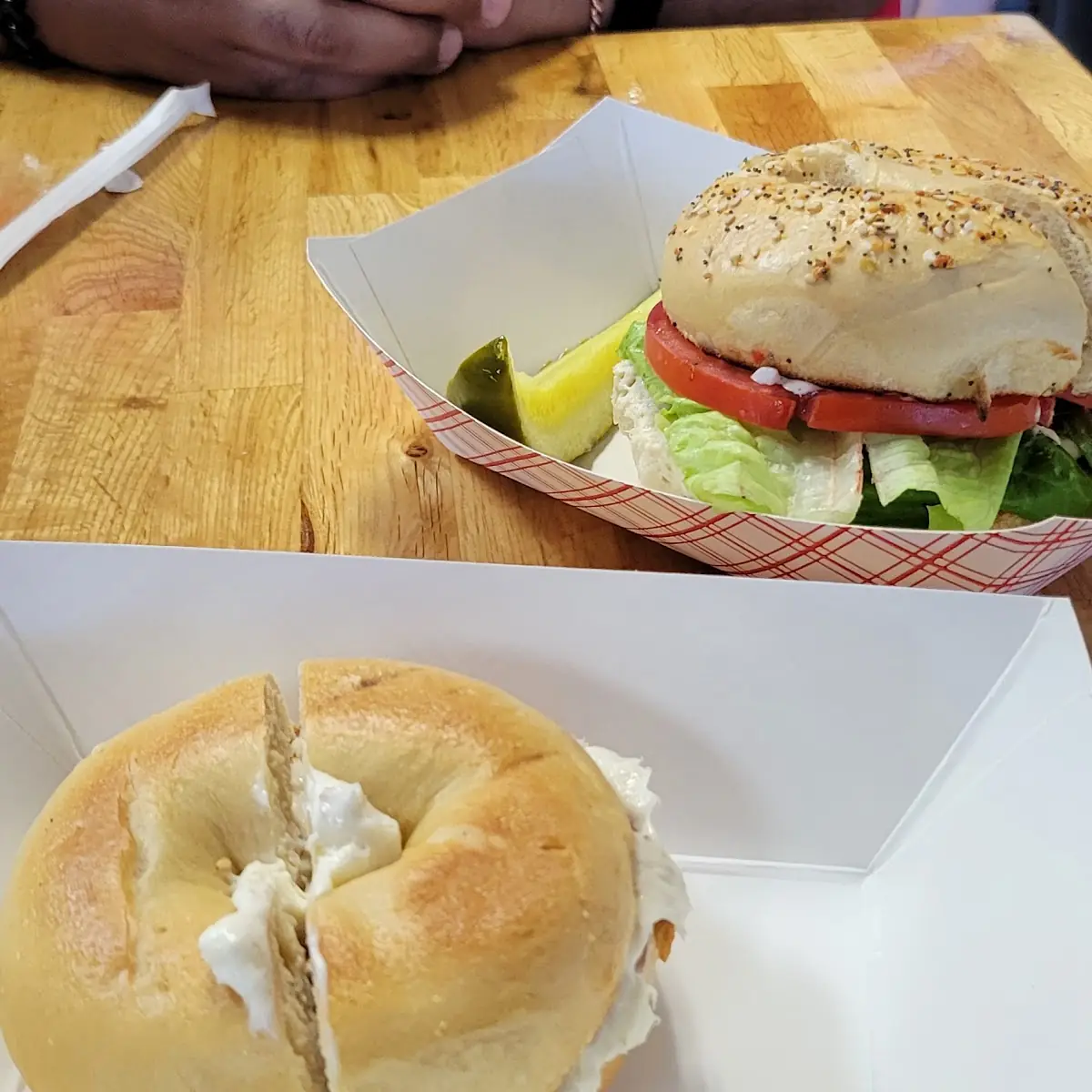 Plain Bagel with Cream Cheese Chicken Salad on Everything Bagel