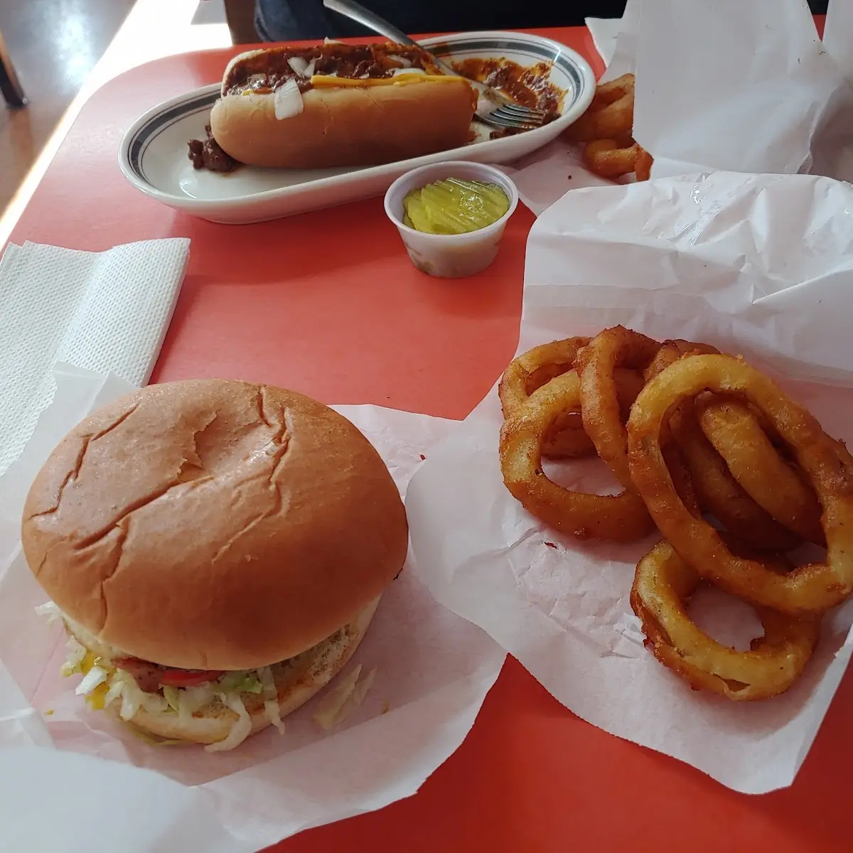Burger Onion Rings Chilli Cheese Coney