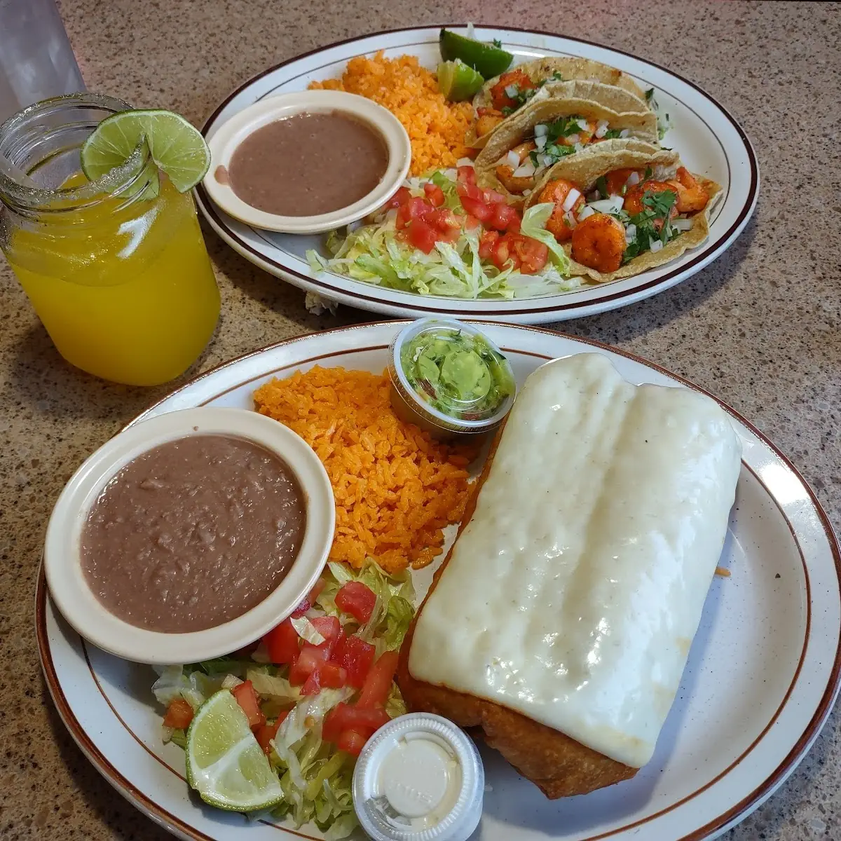 Chimichanga and Shrimp Tacos