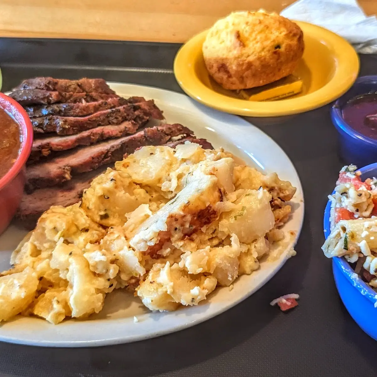 Tri Tip Plate with Potatoes Chilli Cornbread and Pasta Salad