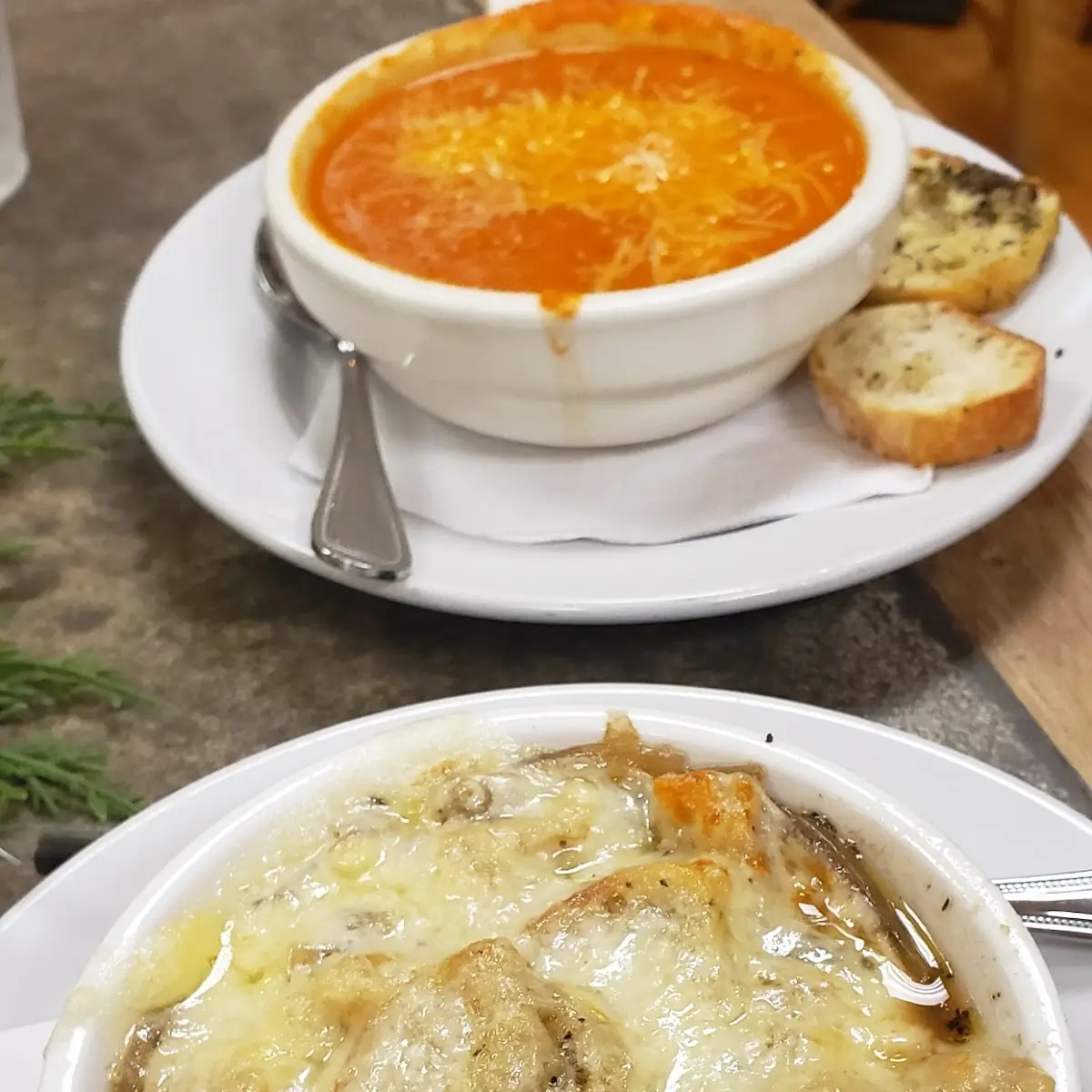 Tomato Bisque Soup & French Onion Soup