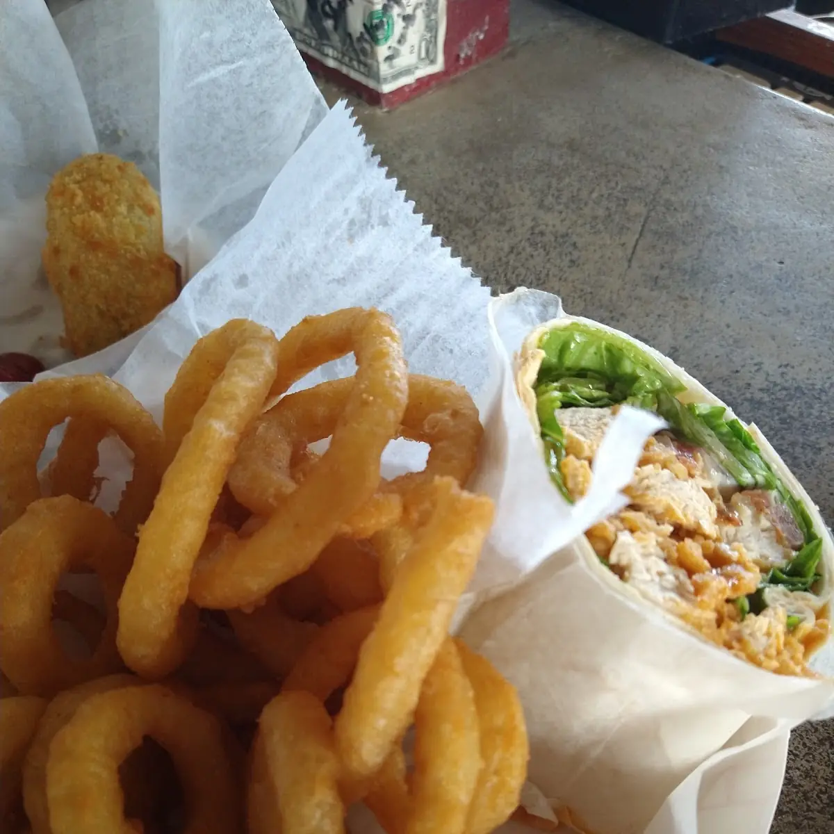 Buffalo Chicken Wrap with Onion Rings