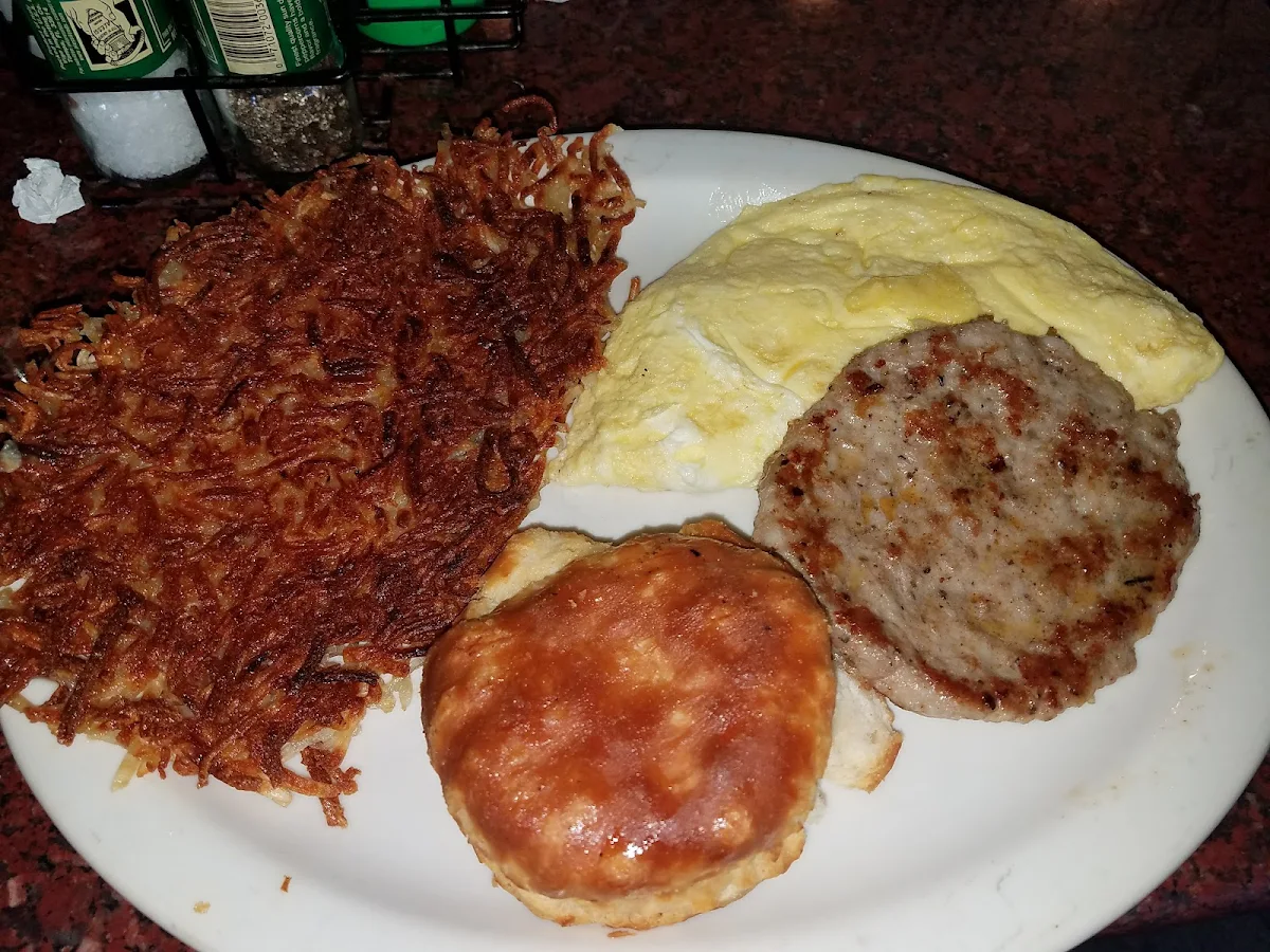 Hashbrowns Sausage Patty Scrambled Eggs and Biscuit