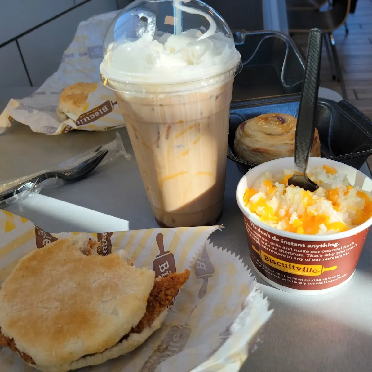 Spicy Chicken Biscuit Sandwich with Cheesy Grits