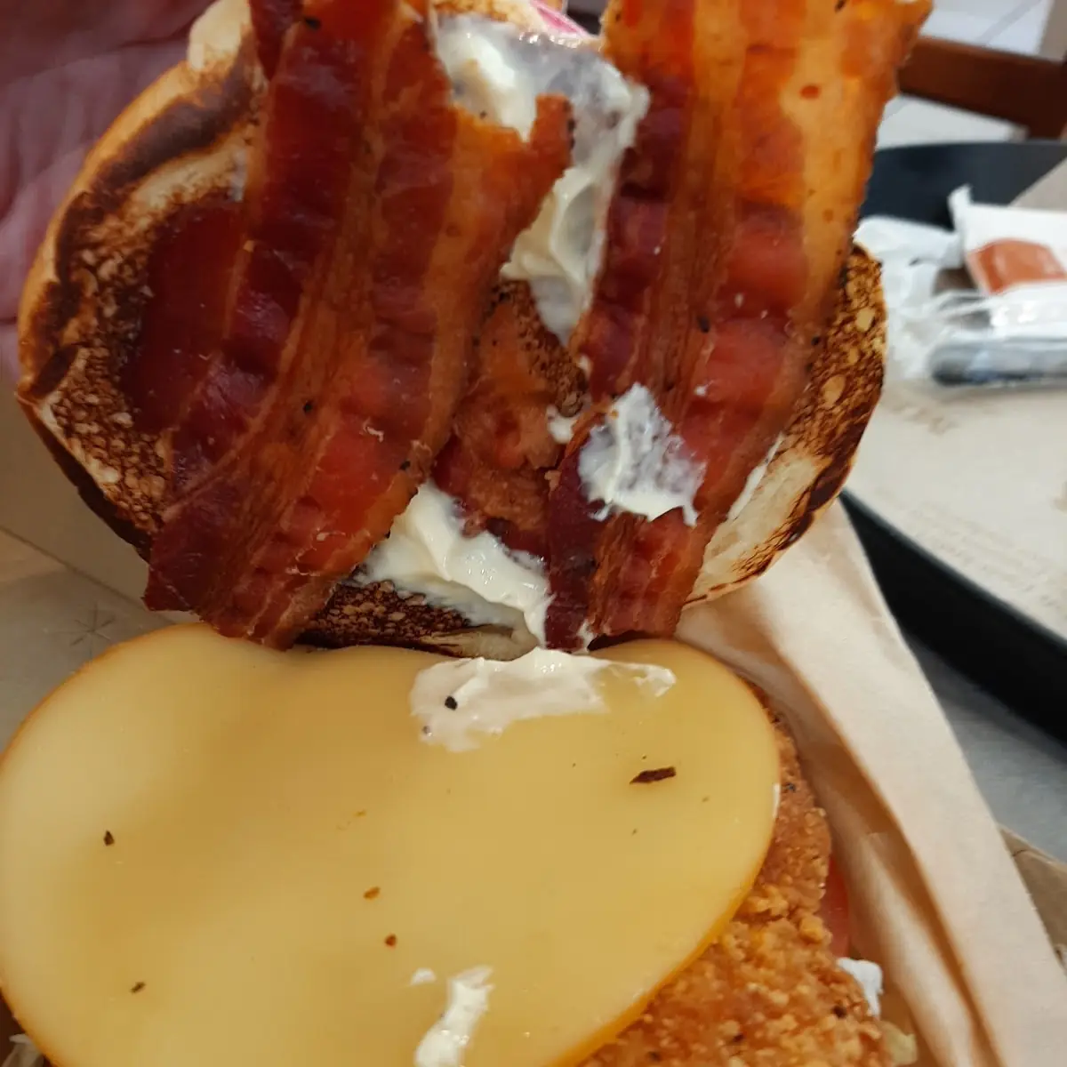 Fried Chicken Sandwich with Bacon and Gouda Cheese
