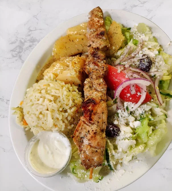 Lunch Pork Souvlaki, Three Kretans Greek Restaurant