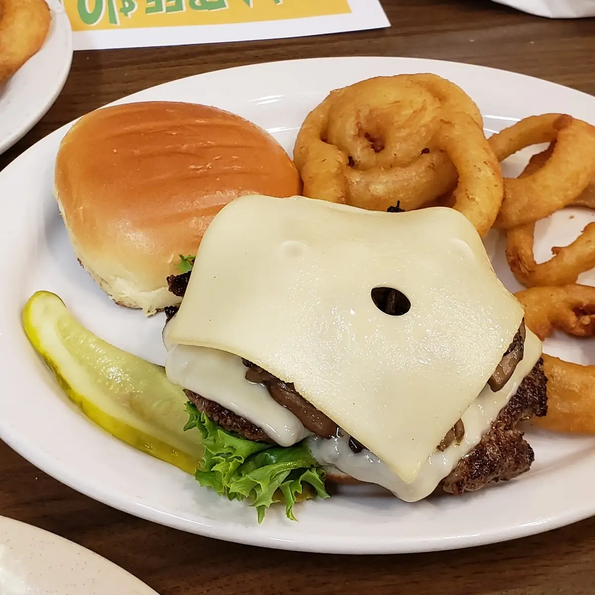 Mushroom Swiss Burger with Onion Rings