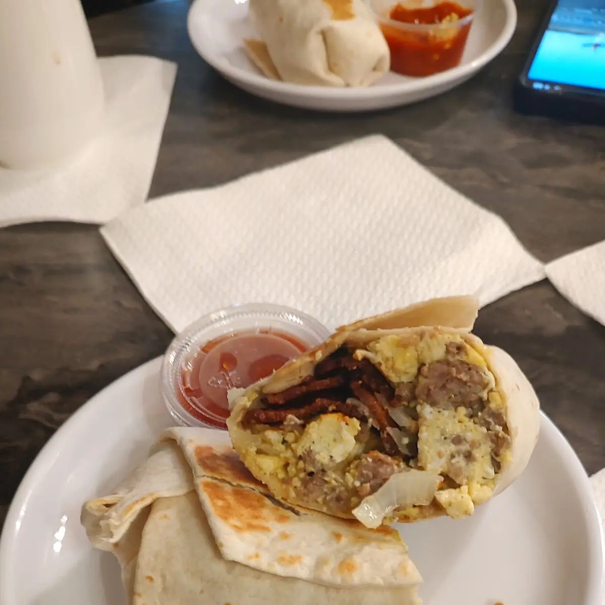 Egg Sausage Bacon Onion Cheese Breakfast Burrito