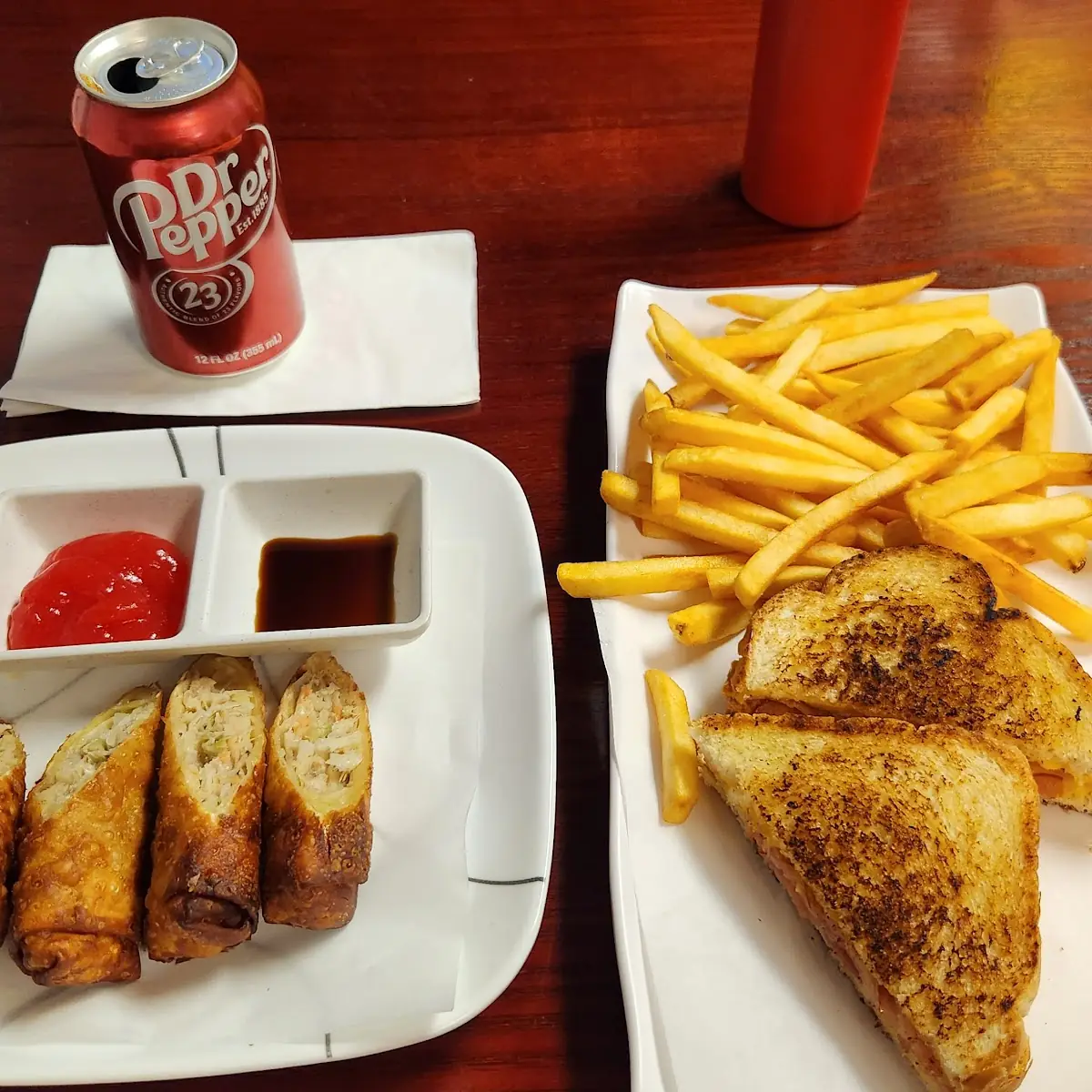 Grilled Ham and Cheese Sandwich Fries Egg Rolls