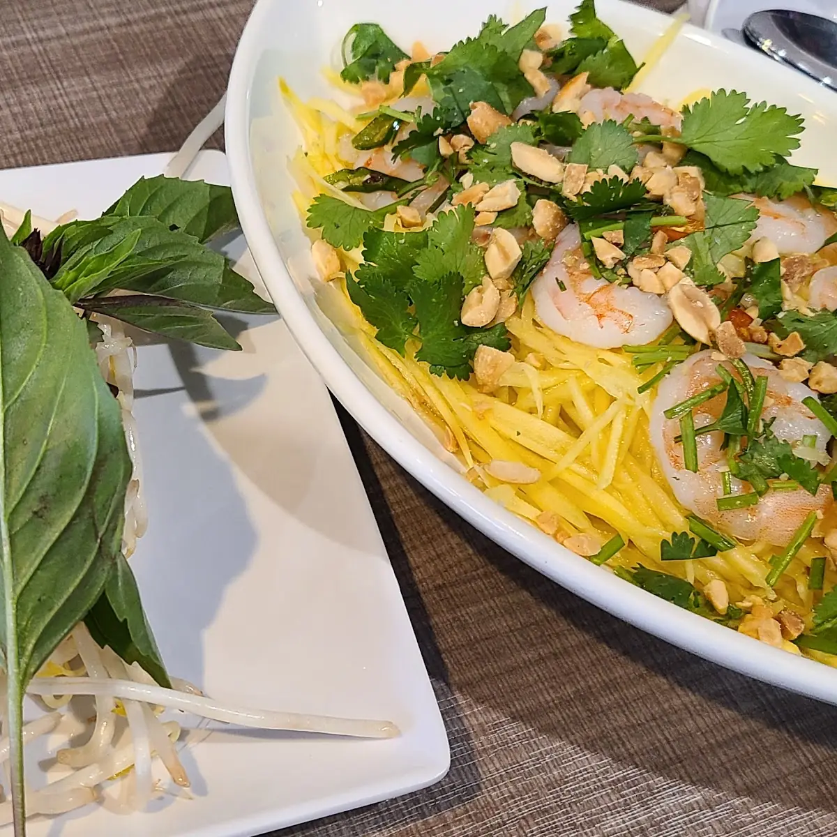 Chicken with Garlic Sauce Spring Roll Mango Salad