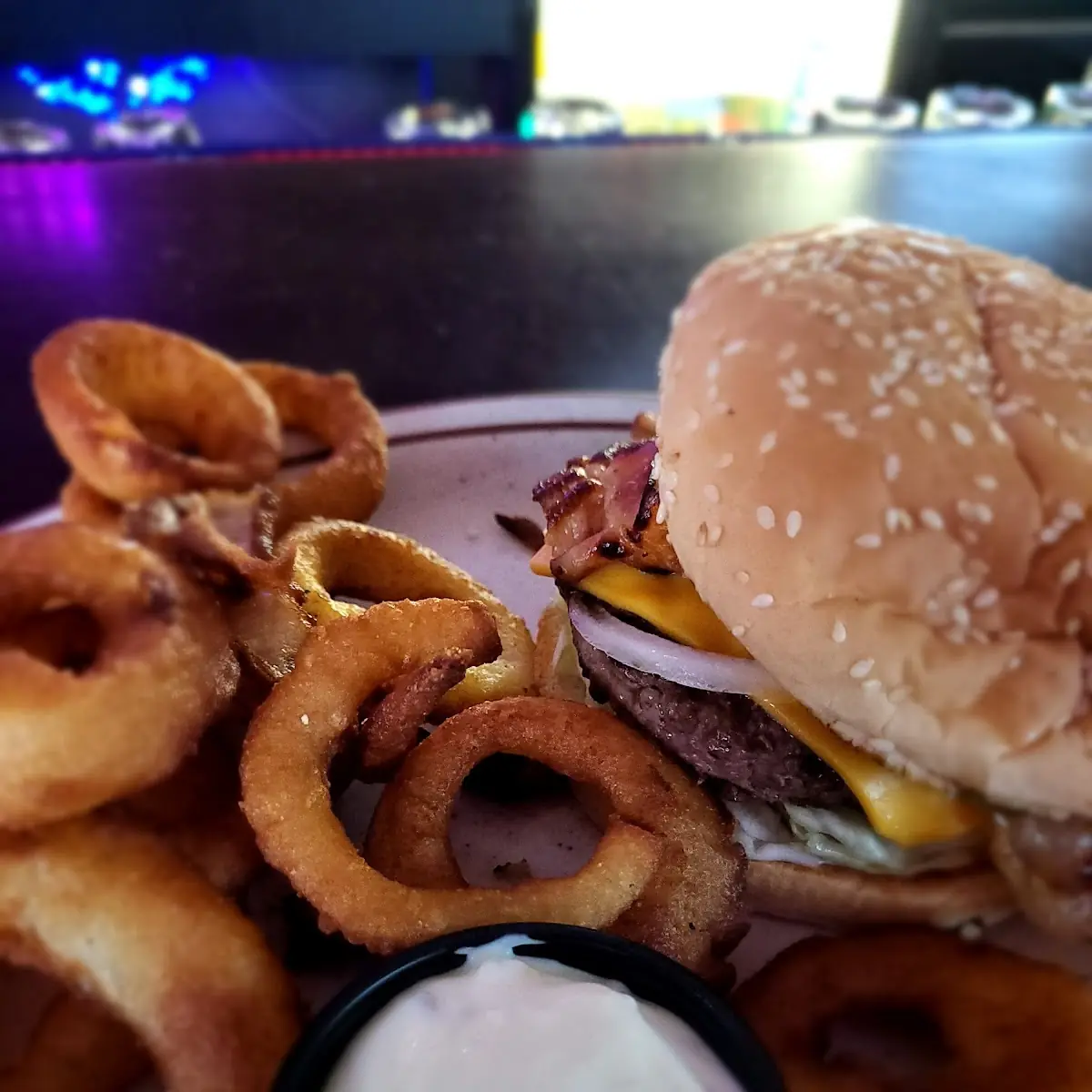 Bacon Cheeseburger and Onion Rings