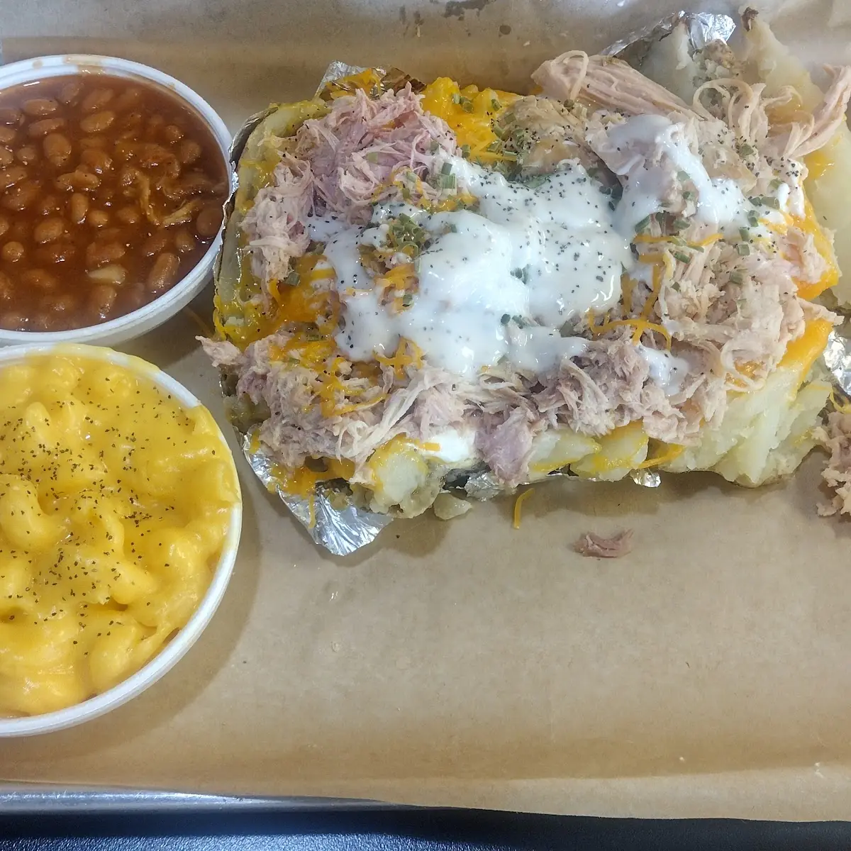 Loaded Chicken Turkey Potato with Mac& Cheese and Bake Beans