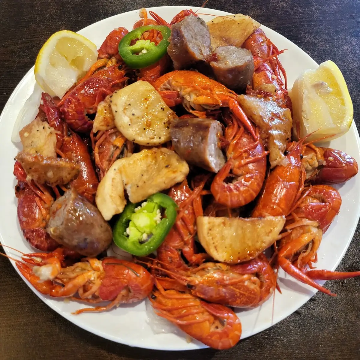 Crawfish Sausage Potatoes Fried Shrimp Lemon Hot Garlic Sauce