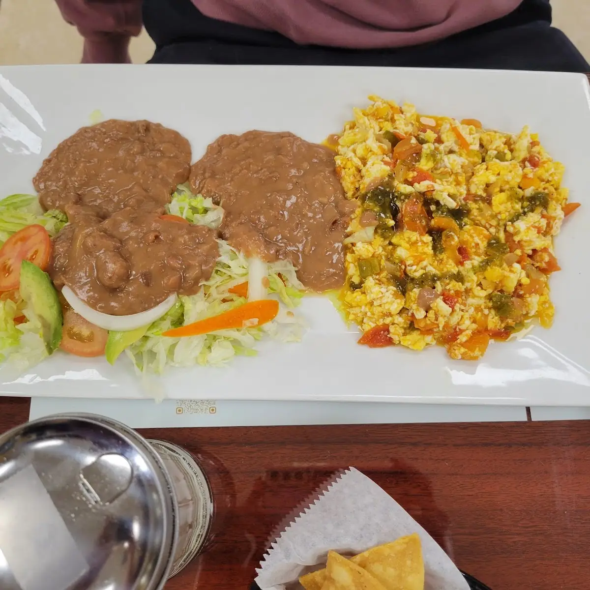 Scrambled Eggs with Refried Beans and Mexican Rice
