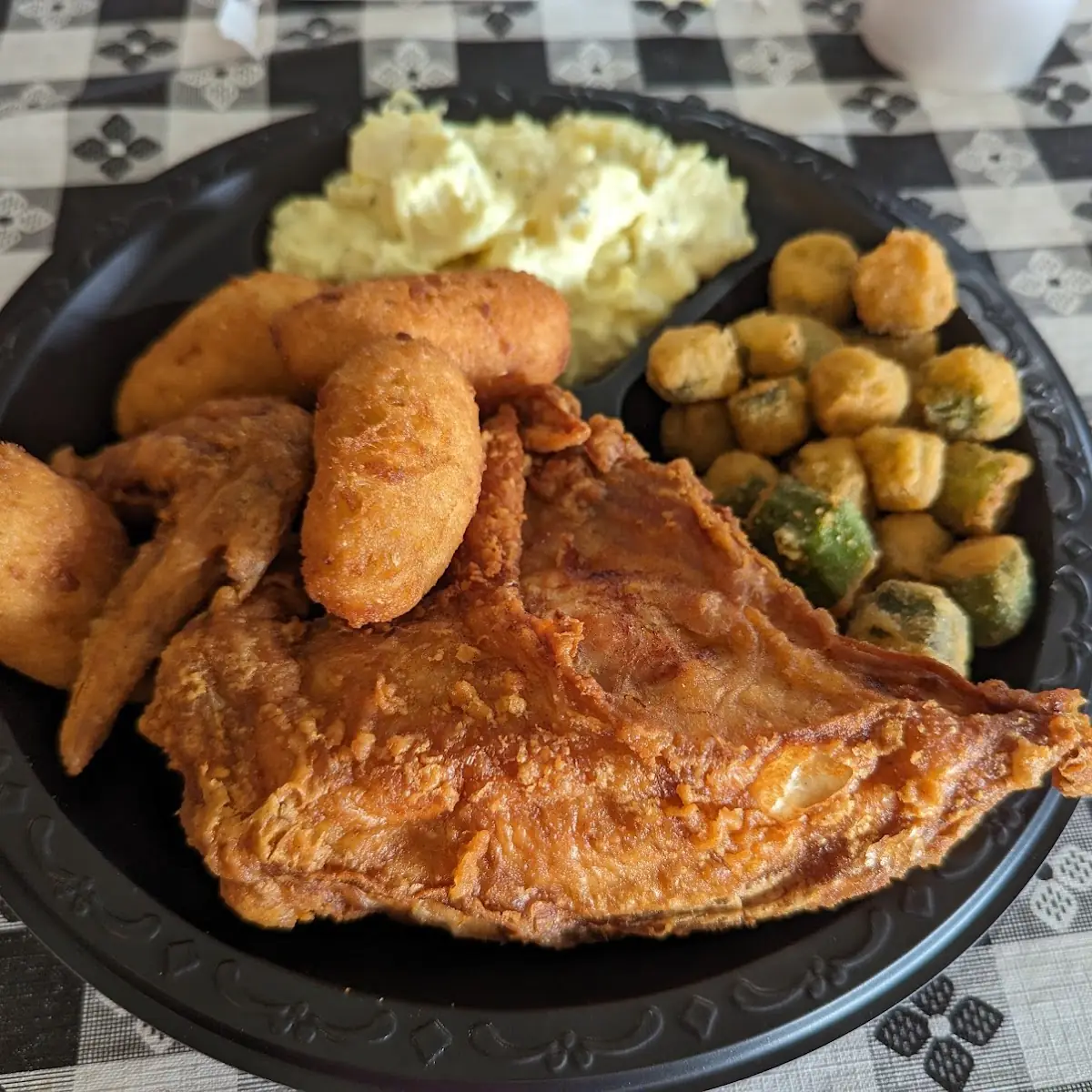 Fried Flounder with Mashed Potatoes with Gravy and Fried Okra