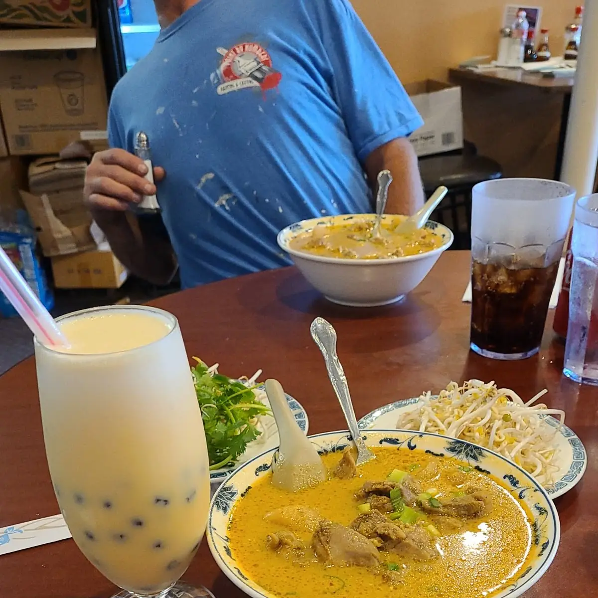 Mango Bubble Tea and Chicken Curry Soup with Noodles