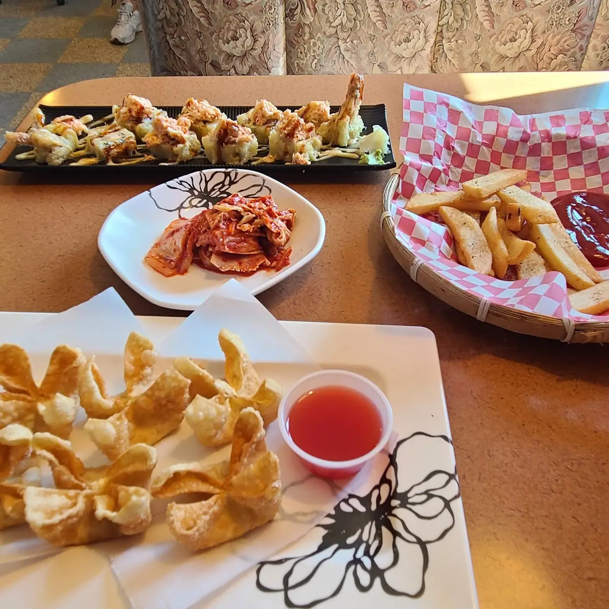 Stuffed Crab Rangoon Deep Fried Sushi Roll Kimchi and Steak Fries