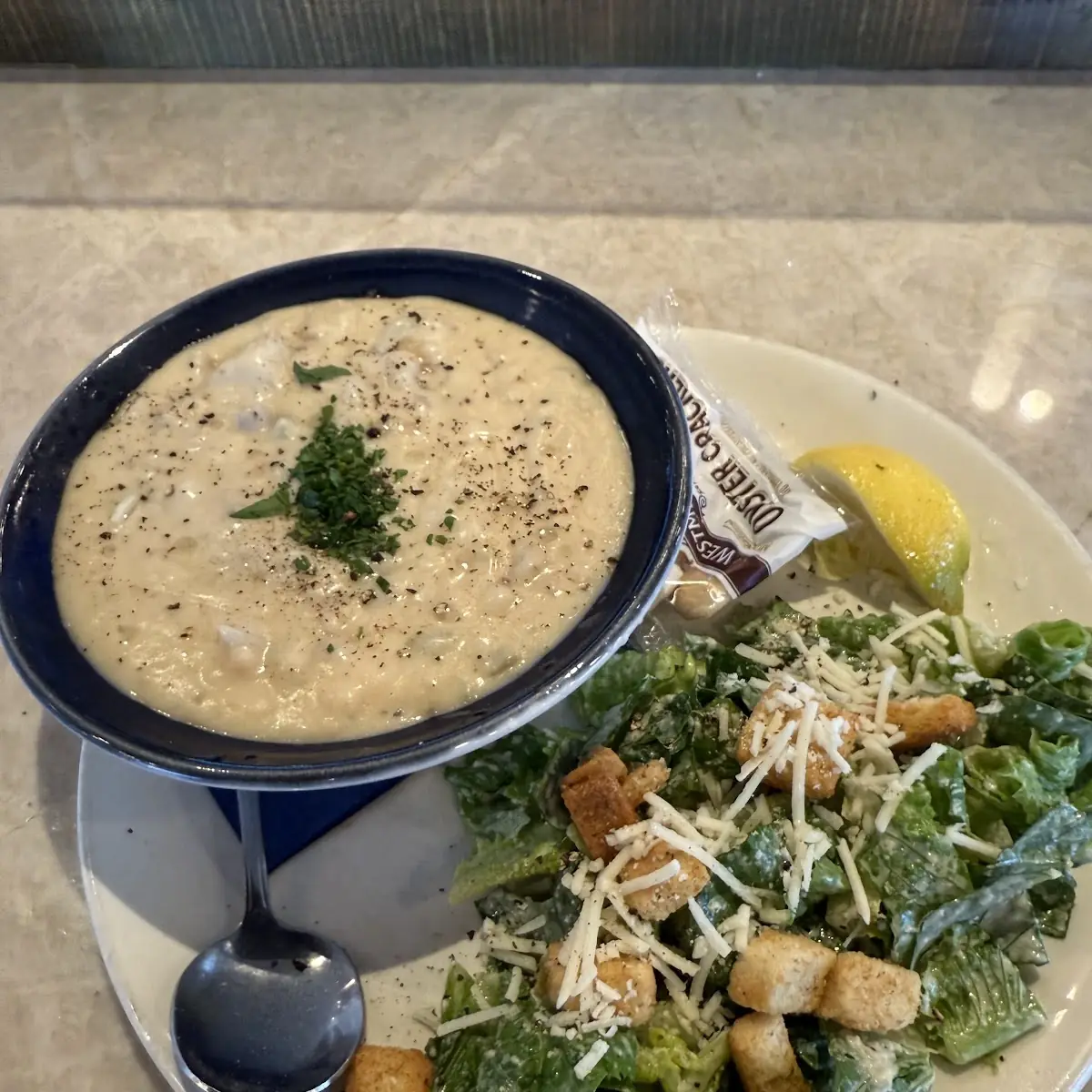 Creamy Clam Chowder and Caesar Salad