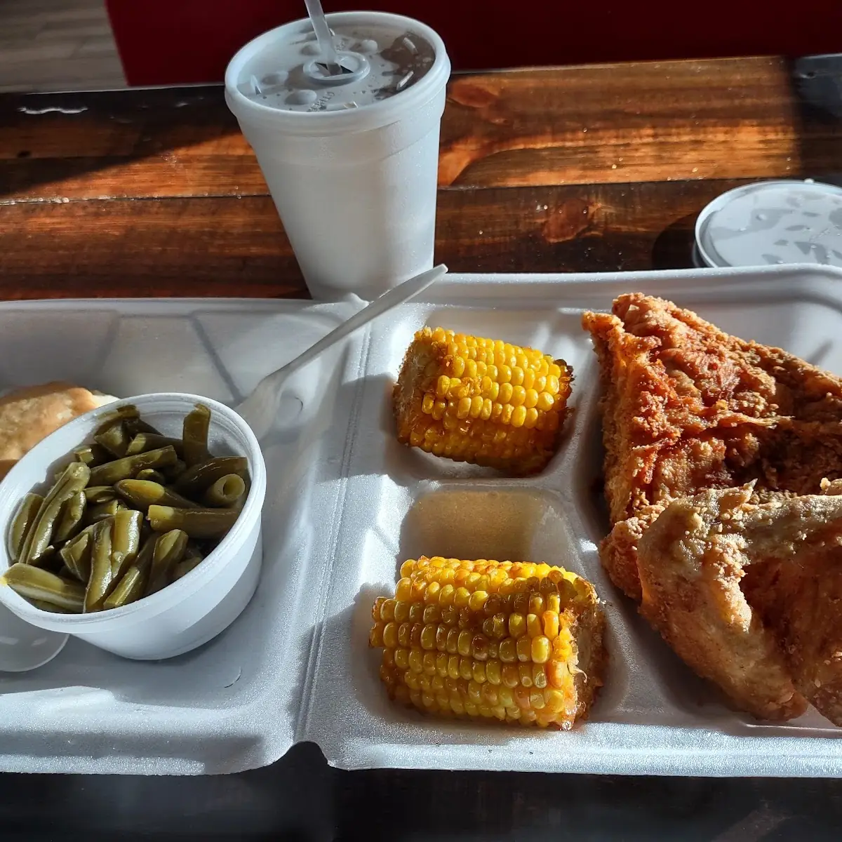 Three Piece White Green Beans Corn with a Dinner Roll