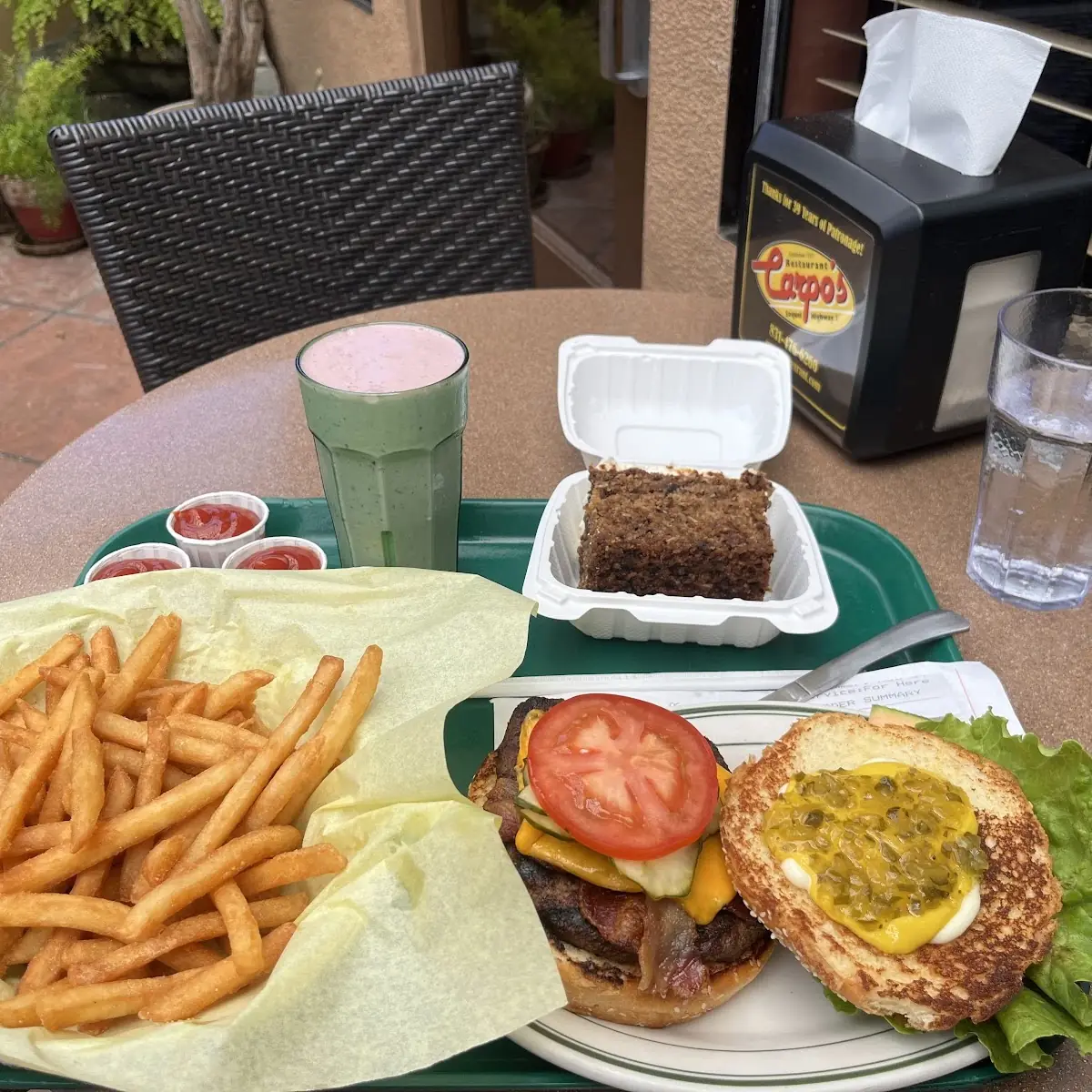 Hamburger with Fries Milkshake and Carrot Cake