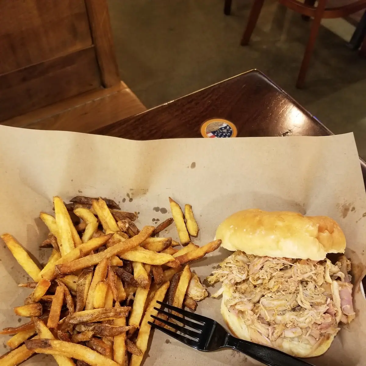 Pulled Chicken Sandwich and Fries