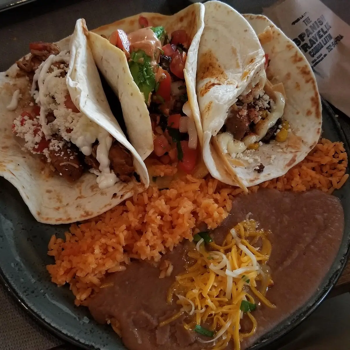Steak Taco Chicken Taco Pork Taco w Rice & Beans