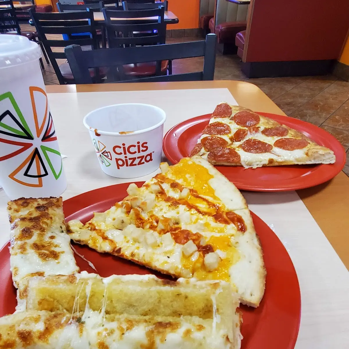 Buffalo Chicken Pizza Pepperoni Pizza and Bread Sticks