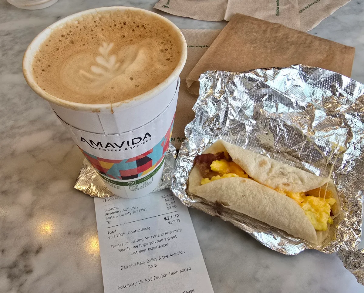 Latte and Bacon Egg and Cheese Taco