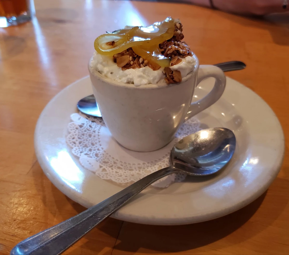 Chai Tea Panna Cotta with Candied Mango-Kaffir Lime Leaf and Sesame-Oat Crunch French Baguette