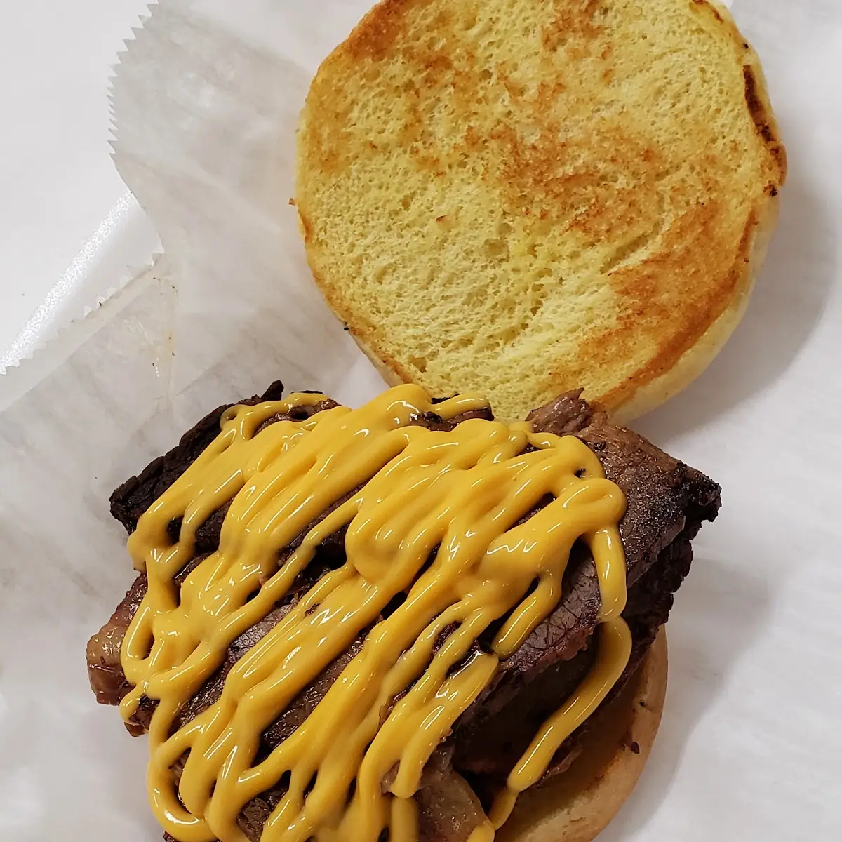 Shaved Smoked Beef Brisket Sandwich with Nacho Cheese
