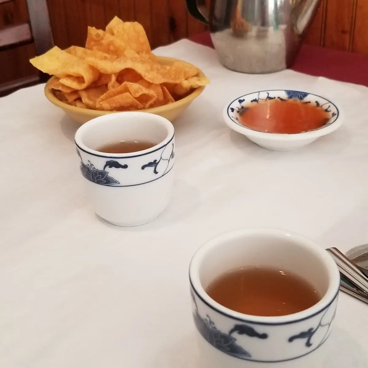 Complimentary Tea and Fried Wonton Strips