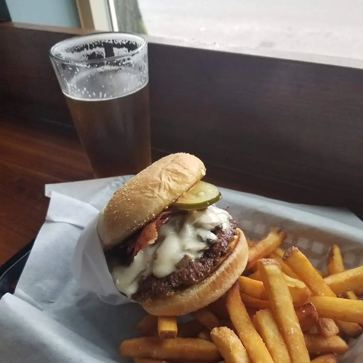 Fun Guy Burger with Fries and a Killer Buoy Beer