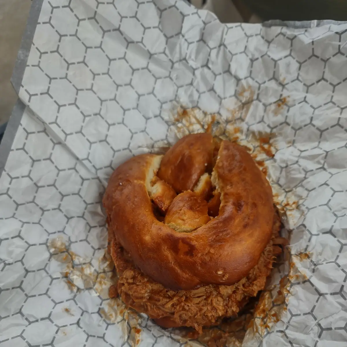 Pulled Pork Sandwich on Pretzel Bun