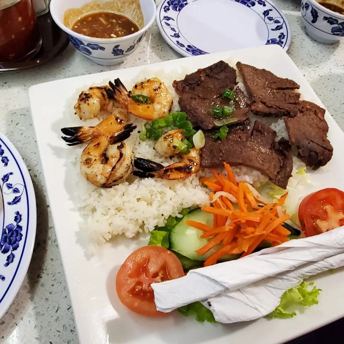 Steamed Rice Grilled Shrimp and BBQ Beef