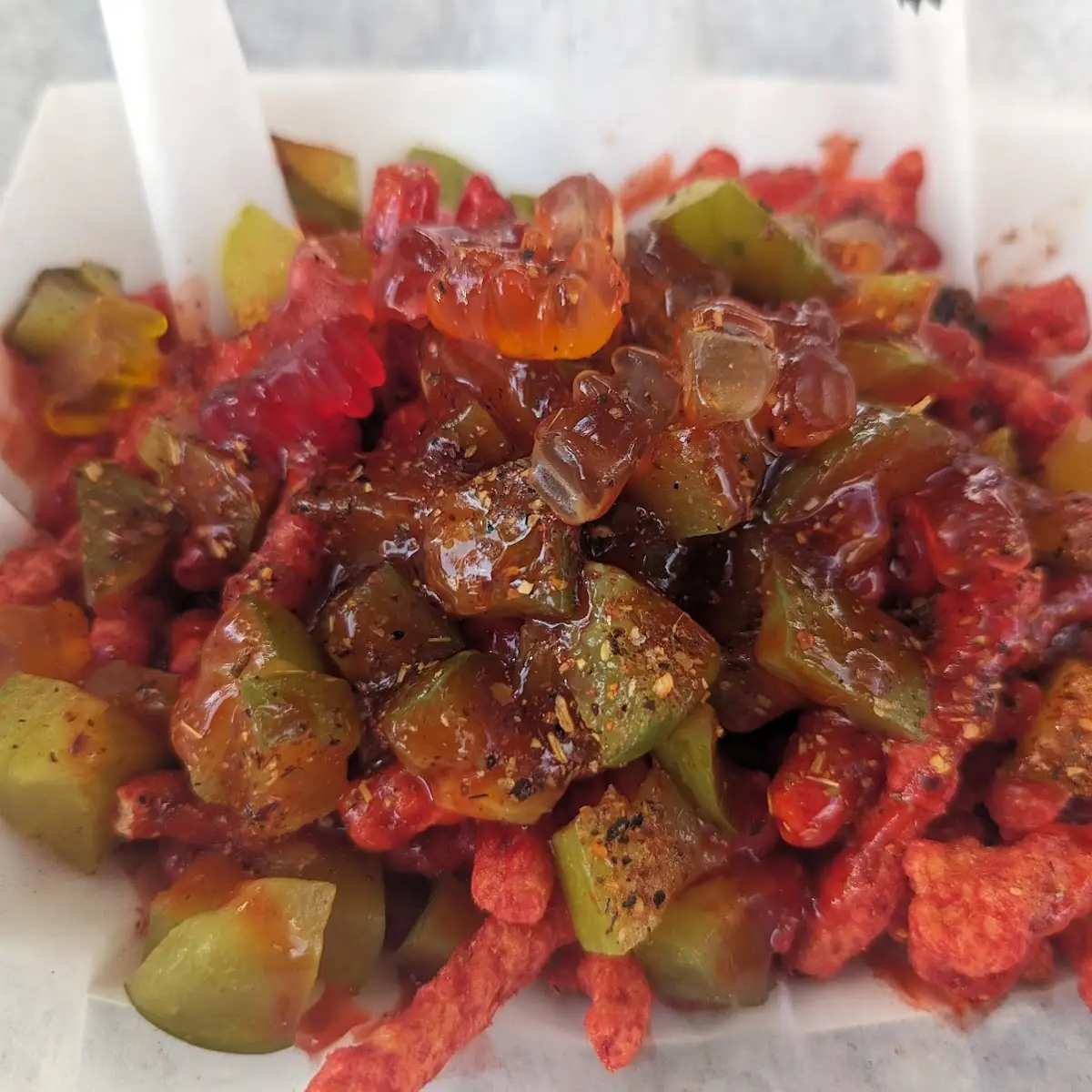 Hot Cheetos & Pickles Topped with Chamoy