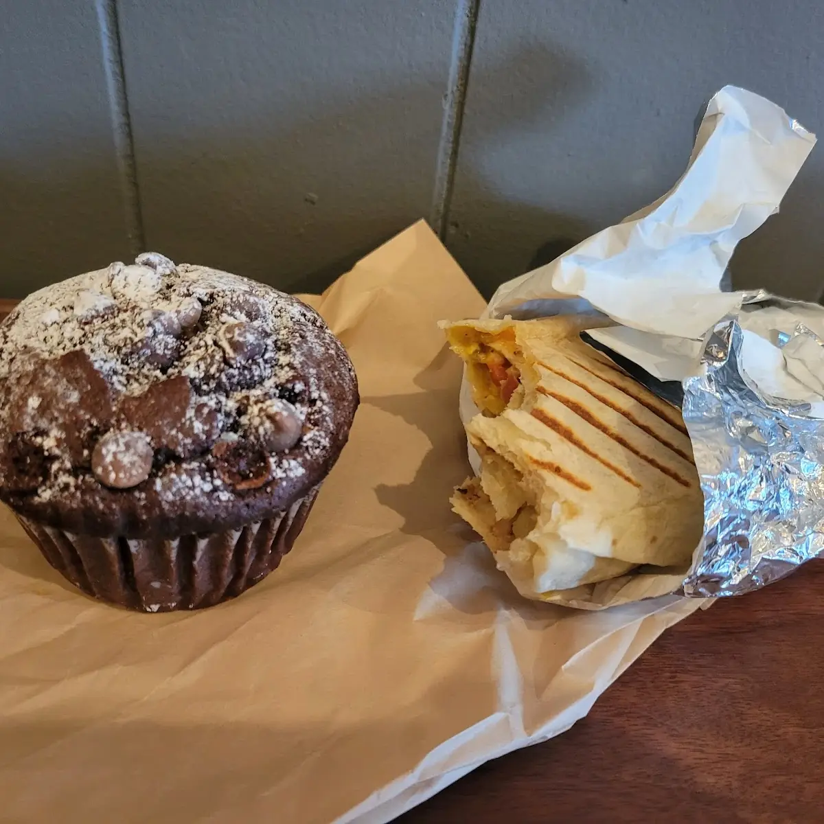 Breakfast Burrito and Chocolate Chip Muffin