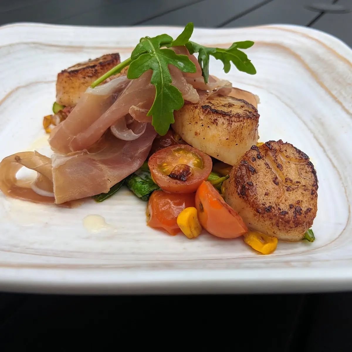 Seared Scallops & Proscuitto Asparagus Corn Cherry Tomato Arugula and Parmesan Cream