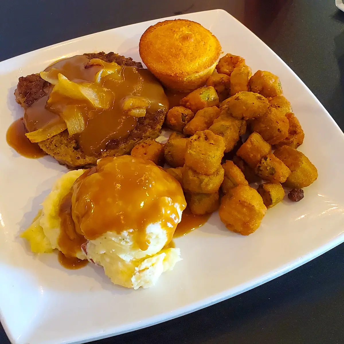 Steak with Fried Okra and Mashed Potatoes