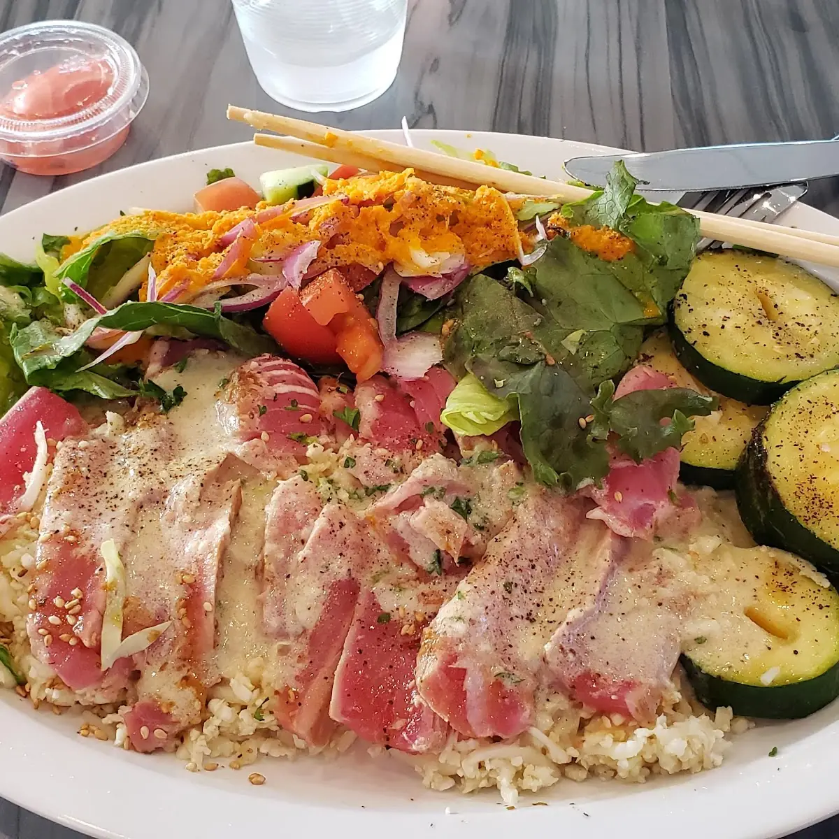 Ahi Tuna with Califlower Rice and a Side Salad
