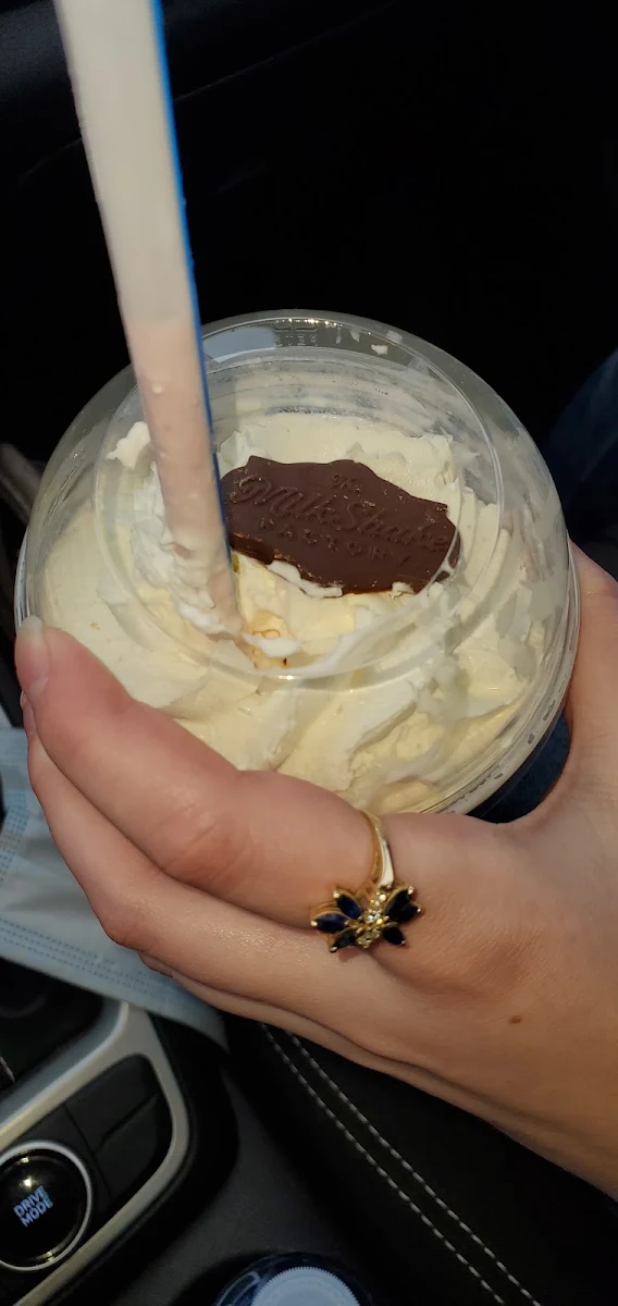 Strawberry with Chocolate Chip Shake and a Small Chocolate on Top