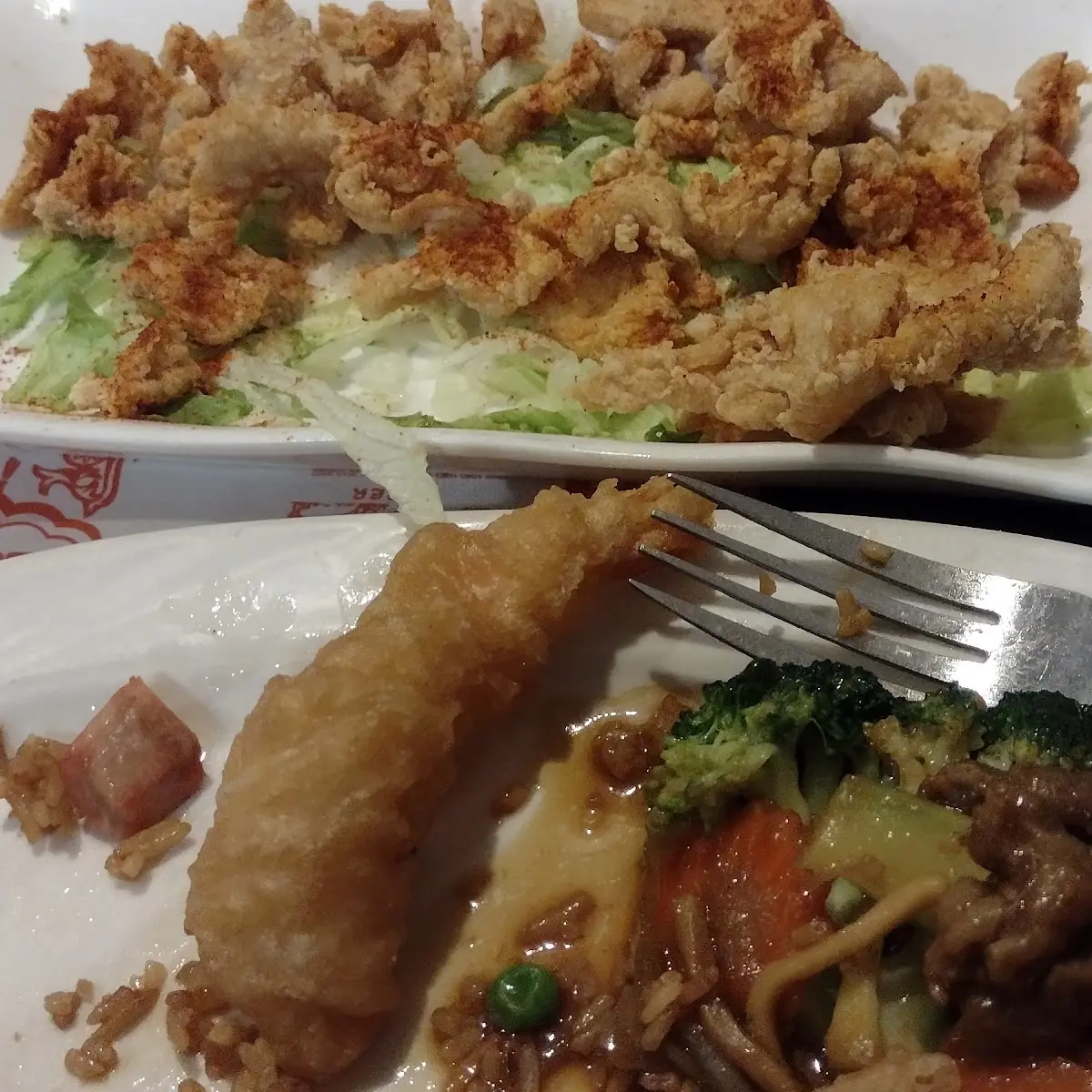 Popcorn Chicken with Chicken Chow Mein and Chicken Broccoli