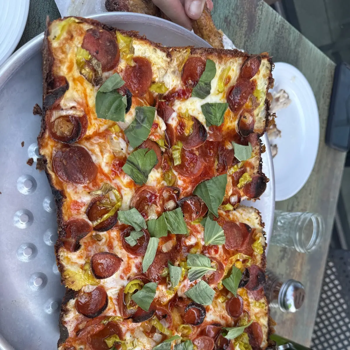 Detroit Style Pepperoni Pizza with Basil