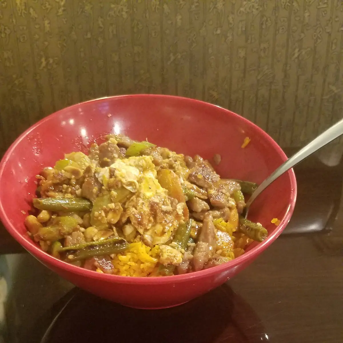Beef with Fried Rice Base Green Beans Carrots and Onions