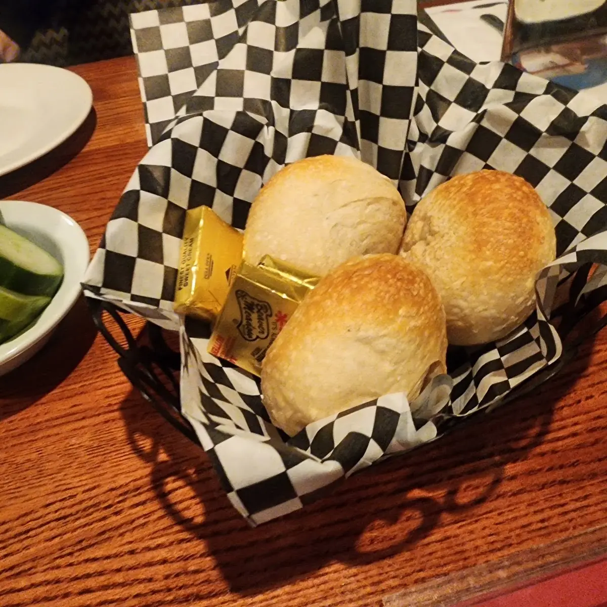 House Made Pickles and Warm Dinner Rolls