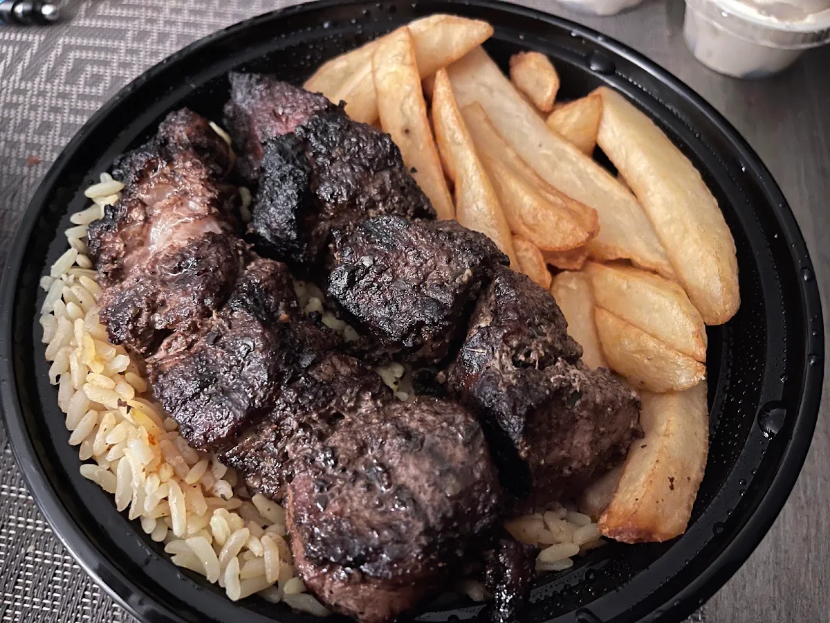 Large Pork Souvlaki Dinner with Rice and Fries
