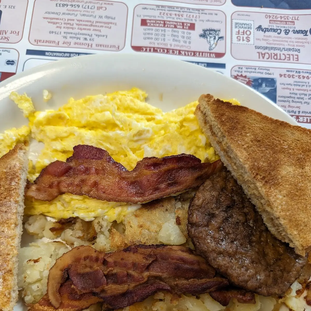 Scrambled Eggs Sausage Potatoes and Bacon