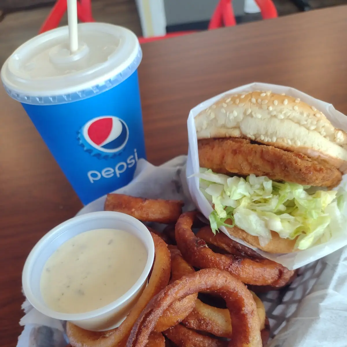 Crispy Chicken Burger & Onion Rings