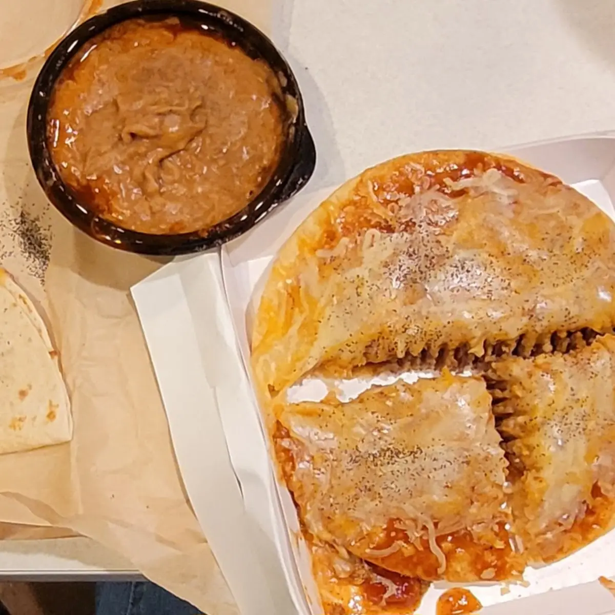 Steak Quesadilla and a Mexican Pizza with Refried Beans