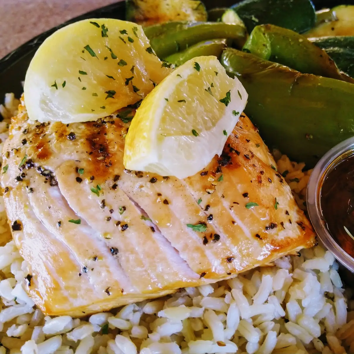 Wild Caught Salmon w Brown Rice & Grilled Veggies Chipotle Sauce on Side