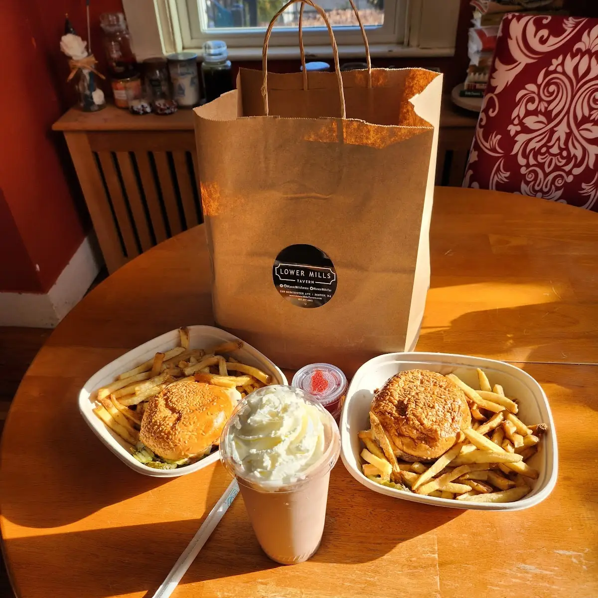 Lower Mills Tavern Burger with an Extra Thick Chocolate Frappe from the Ice Creamsmith